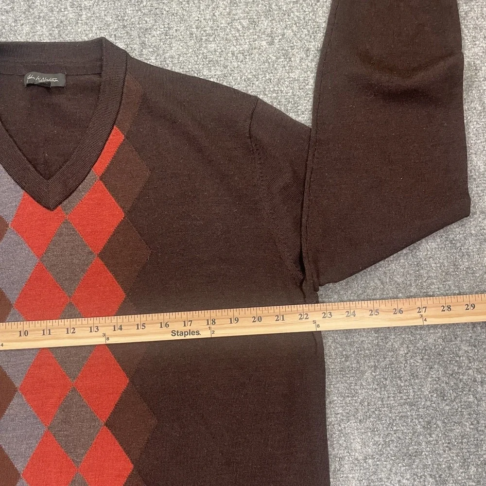 John W. Nordstrom Sweater Mens XL Brown Argyle Extra Fine Merino Wool V-Neck